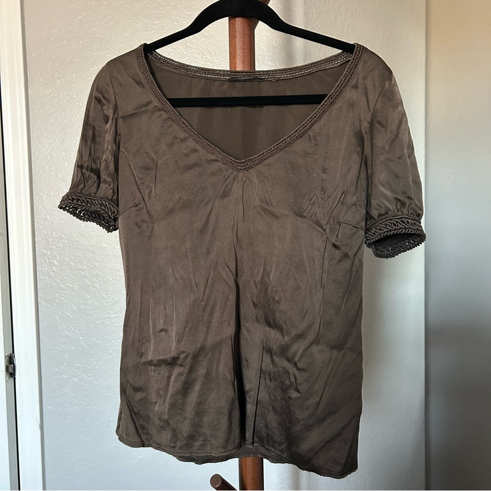 Ellie Tahari Coffee Bean Silk Hadar V Neck Cap Sleeve Blouse Size S |A149